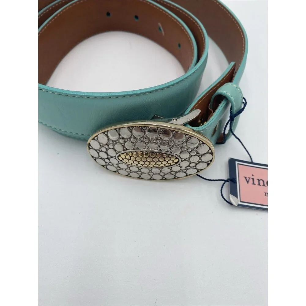 Vineyard Vines Mint Green Leather Belt Womens Sz L Silver Buckle 1 1/2